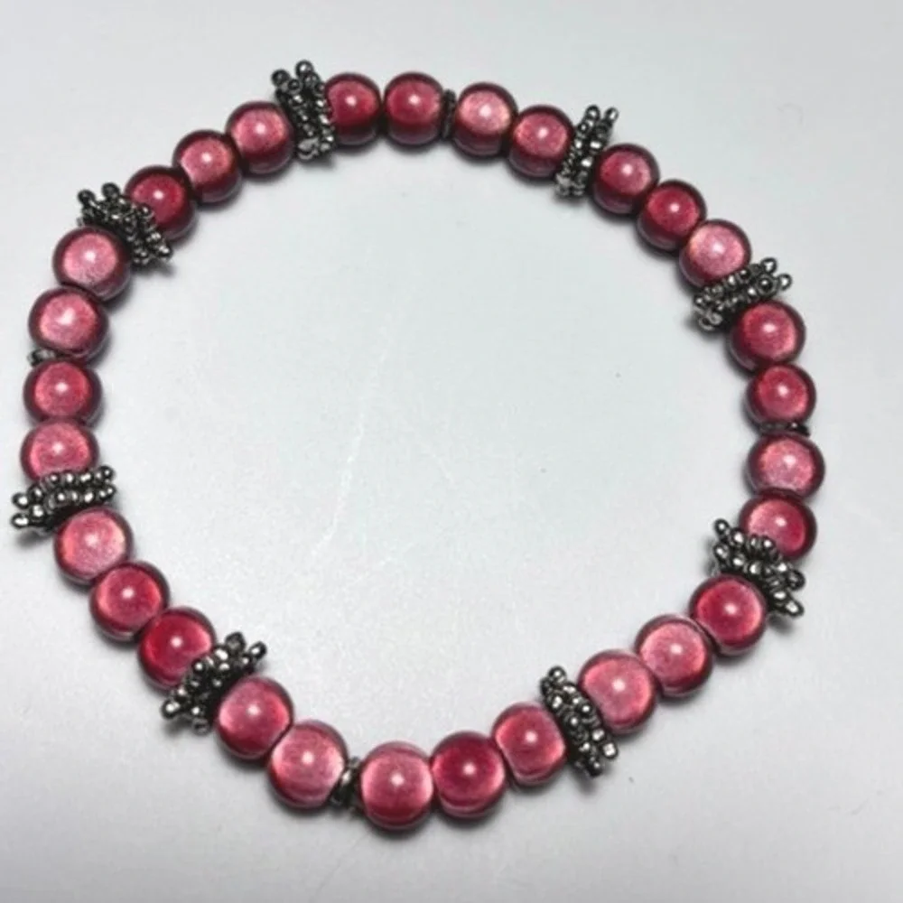 Vintage Burgundy Metallic Beaded Stretch Bracelet Silver Tone Spacer Accents